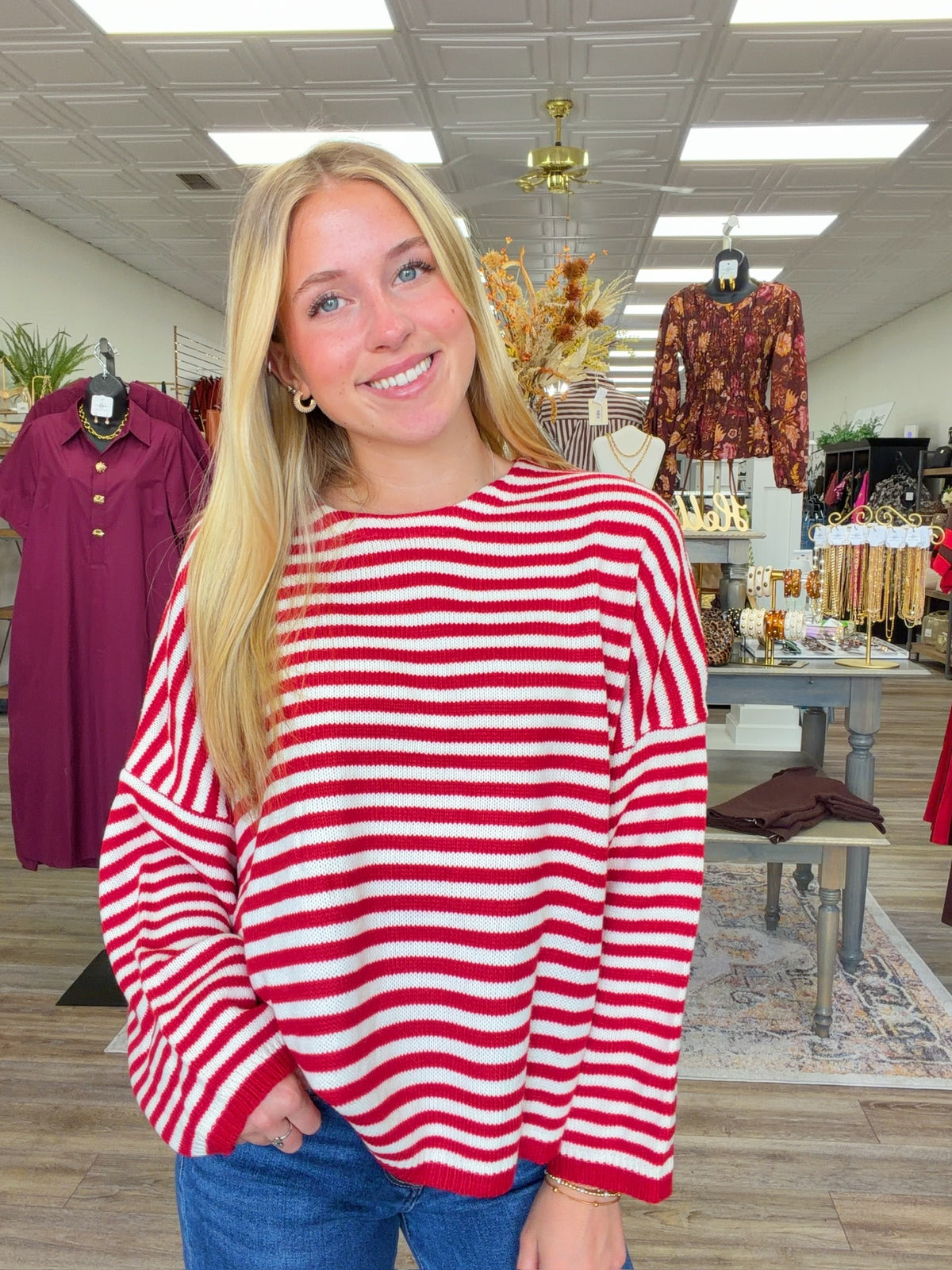 Meet me in stripes sweater - Cozy red and cream striped knit sweater featuring a relaxed fit, classic round neckline