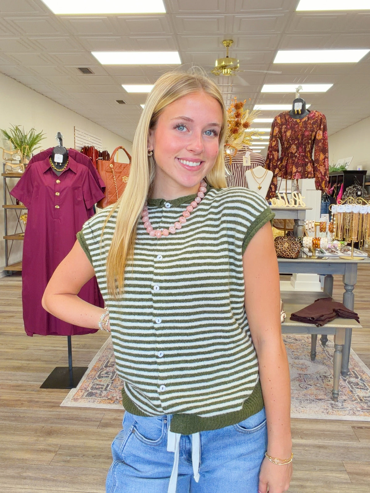 Olive & Ivory Striped Sweater- Sleeveless sweater
