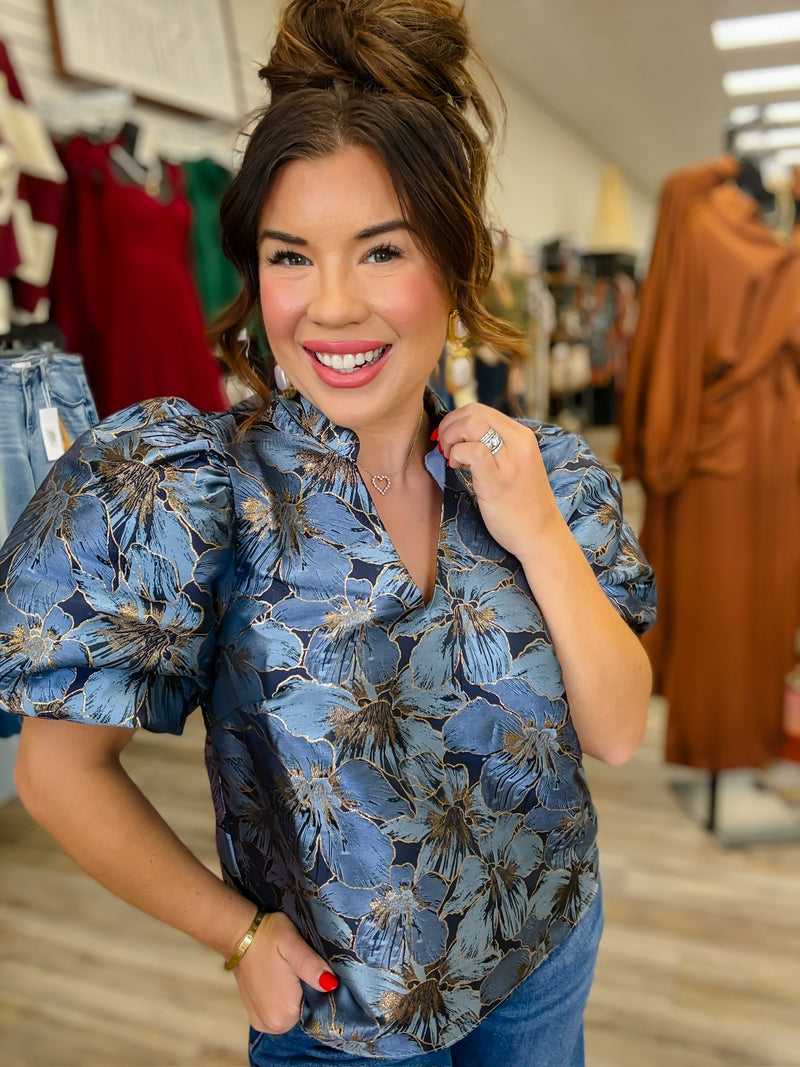 The Taryn Top - Floral Blue Jacard Puff Sleeve - Glam