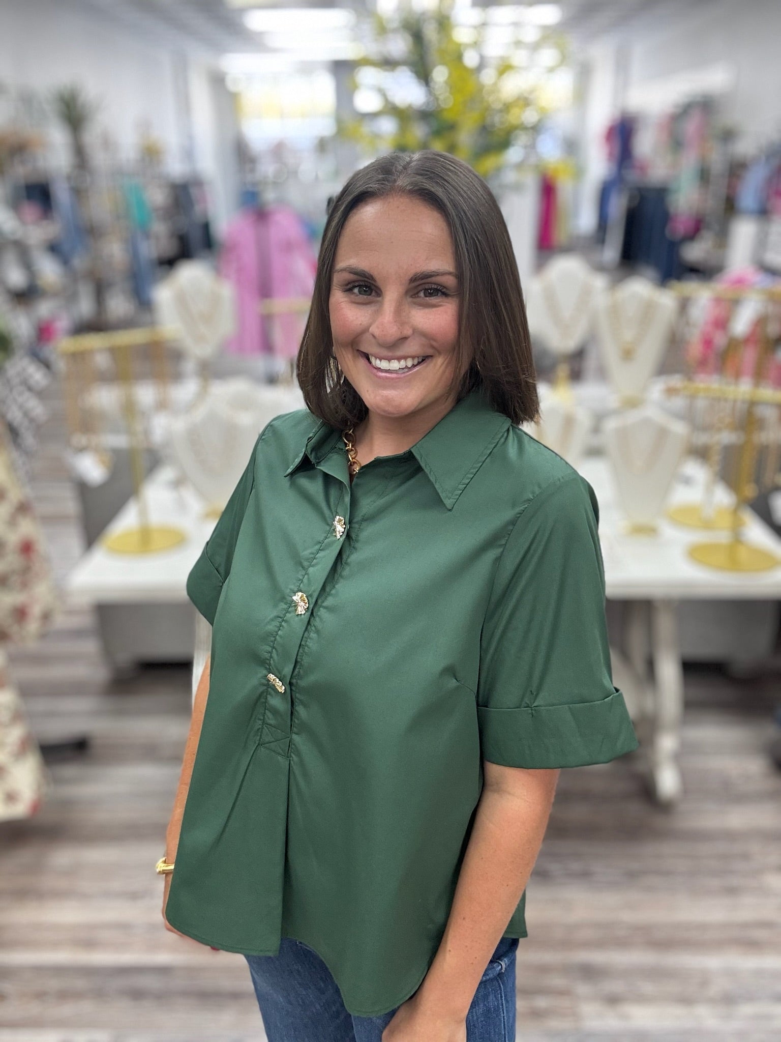 Kimmie top with collar, army green and gold button detailing with a cuffed short sleeve-Entro