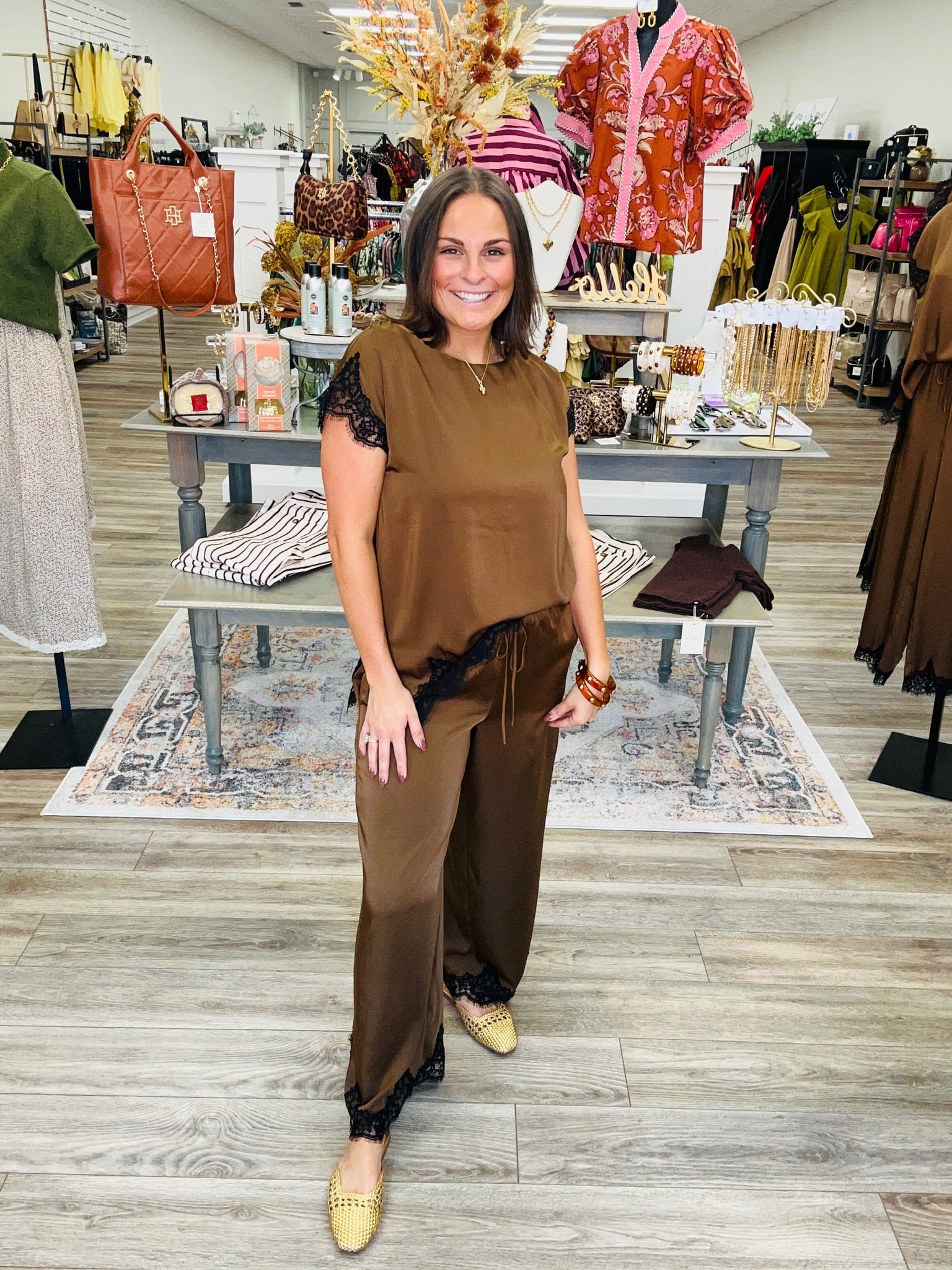 The Virginia Pant Set - satin lace top and pants stretch mocha set