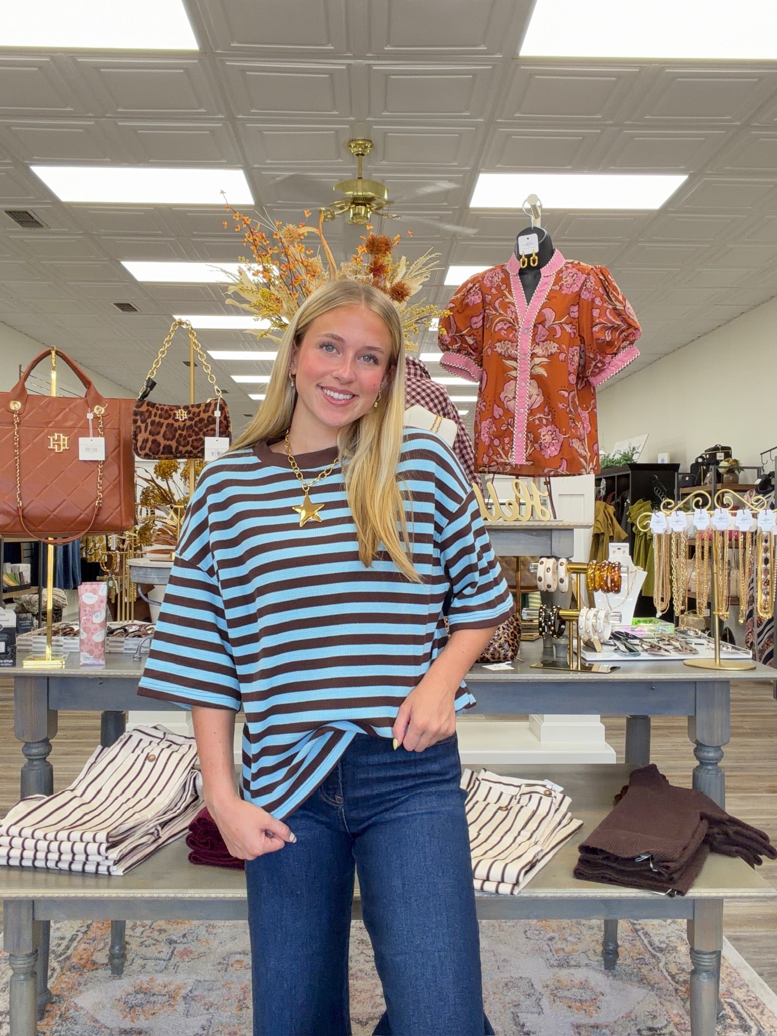 The Bella Striped Top - Blue/Brown Striped Soft Material