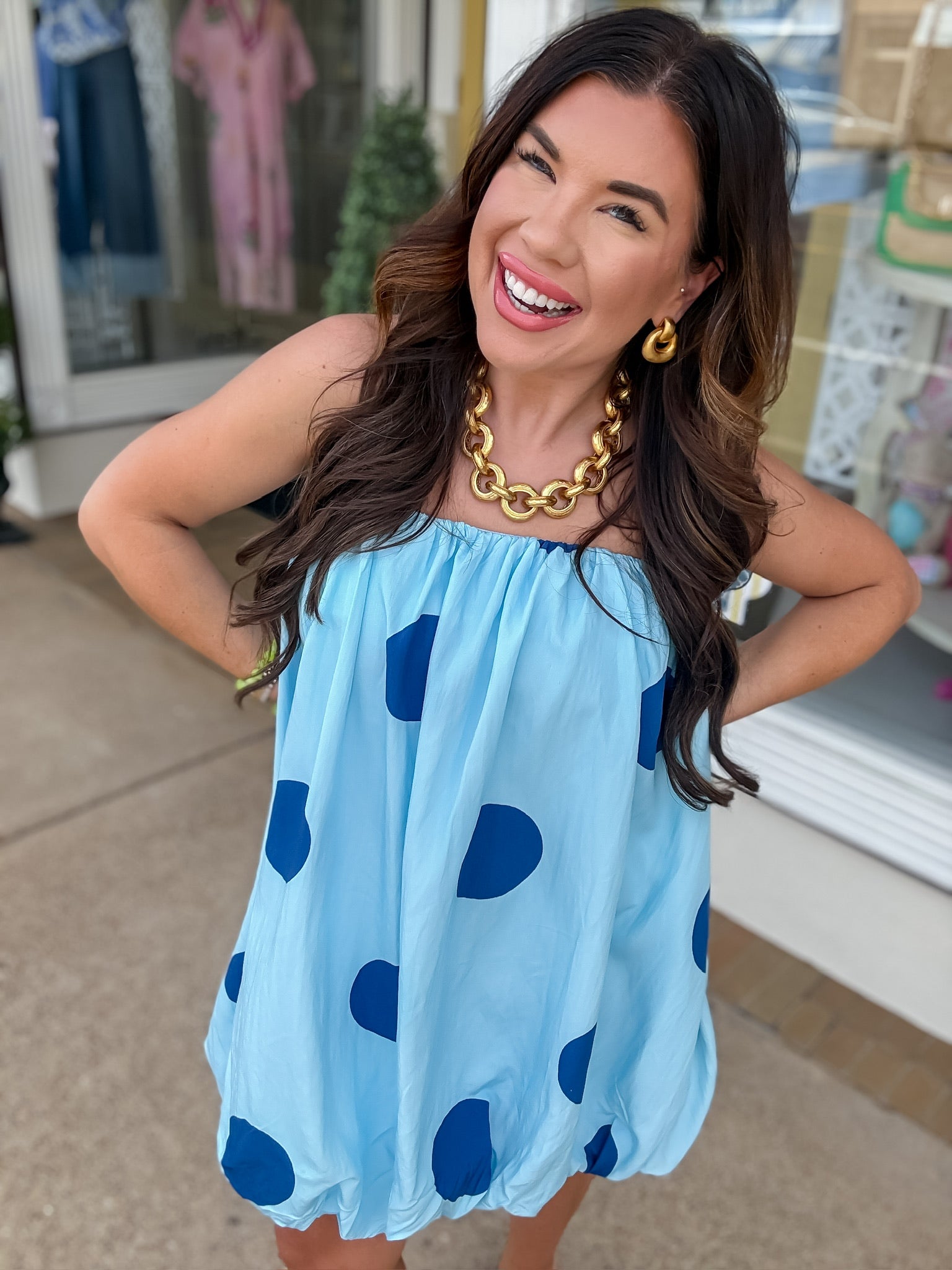 The Beverly Polka Dot Dress - Blue Elastic Neck Bubble Mini Dress