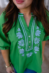 The Lillian Top - Green V neck embroidered Detail