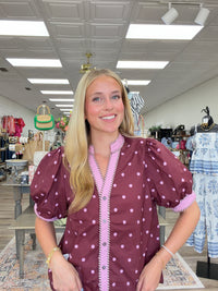 Country Charm Polka Dot Blouse - burgundy polka dots meet soft pink trim. A flattering V-neck adds the perfect finishing touch.