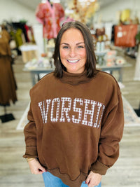 The “Worship” Mock neck Sweatshirt - Gigham Embroidered Brown Soft Material
