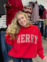 The “Merry” Red Sweatshirt - Embroidered Mock Neck Soft Sweatshirt