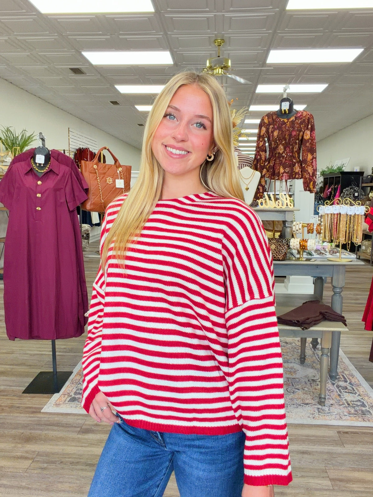 Meet me in stripes sweater - Cozy red and cream striped knit sweater featuring a relaxed fit, classic round neckline