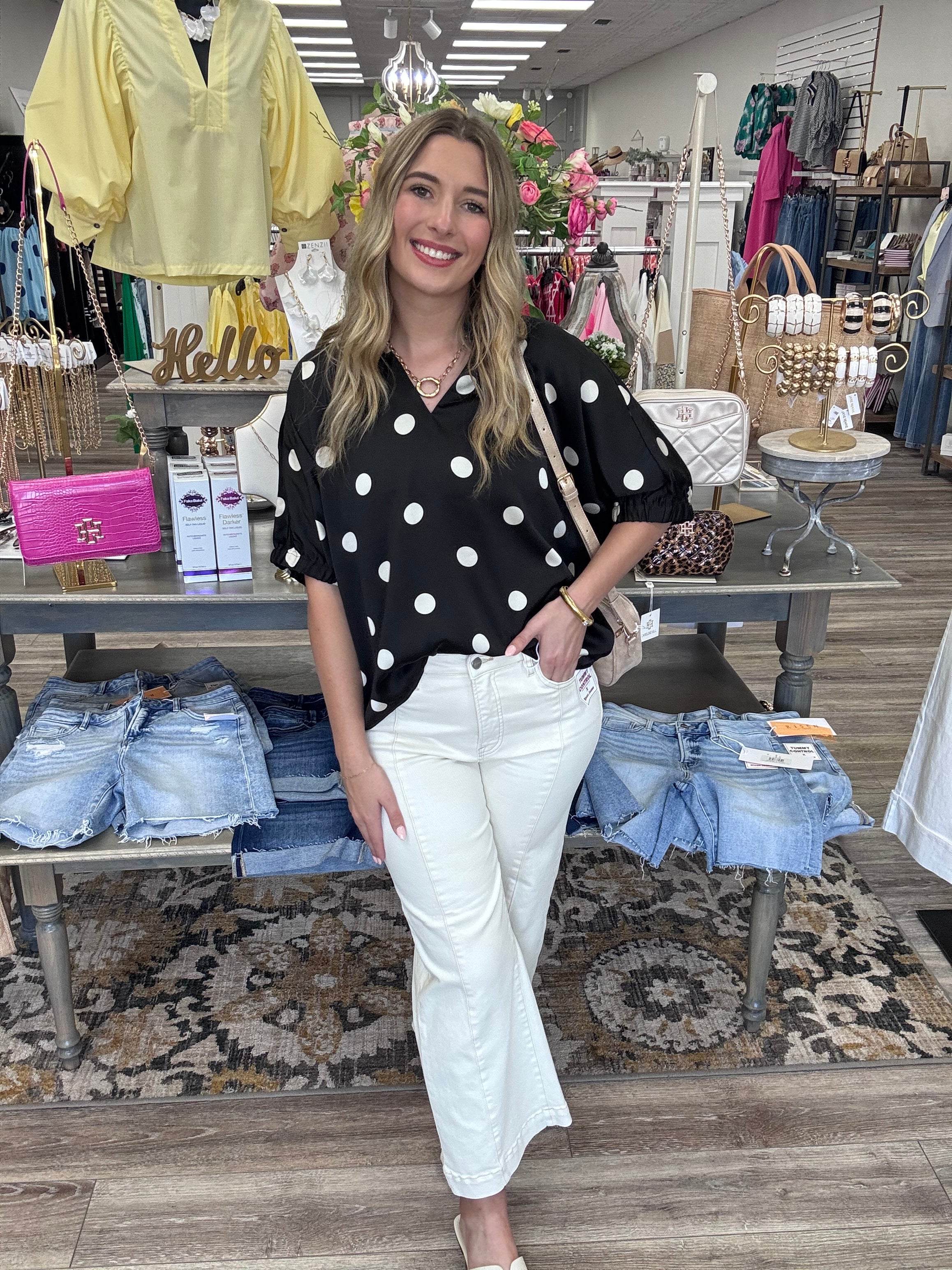 The Nikki Top - Black top collared V neck with polka dots - Jodifl