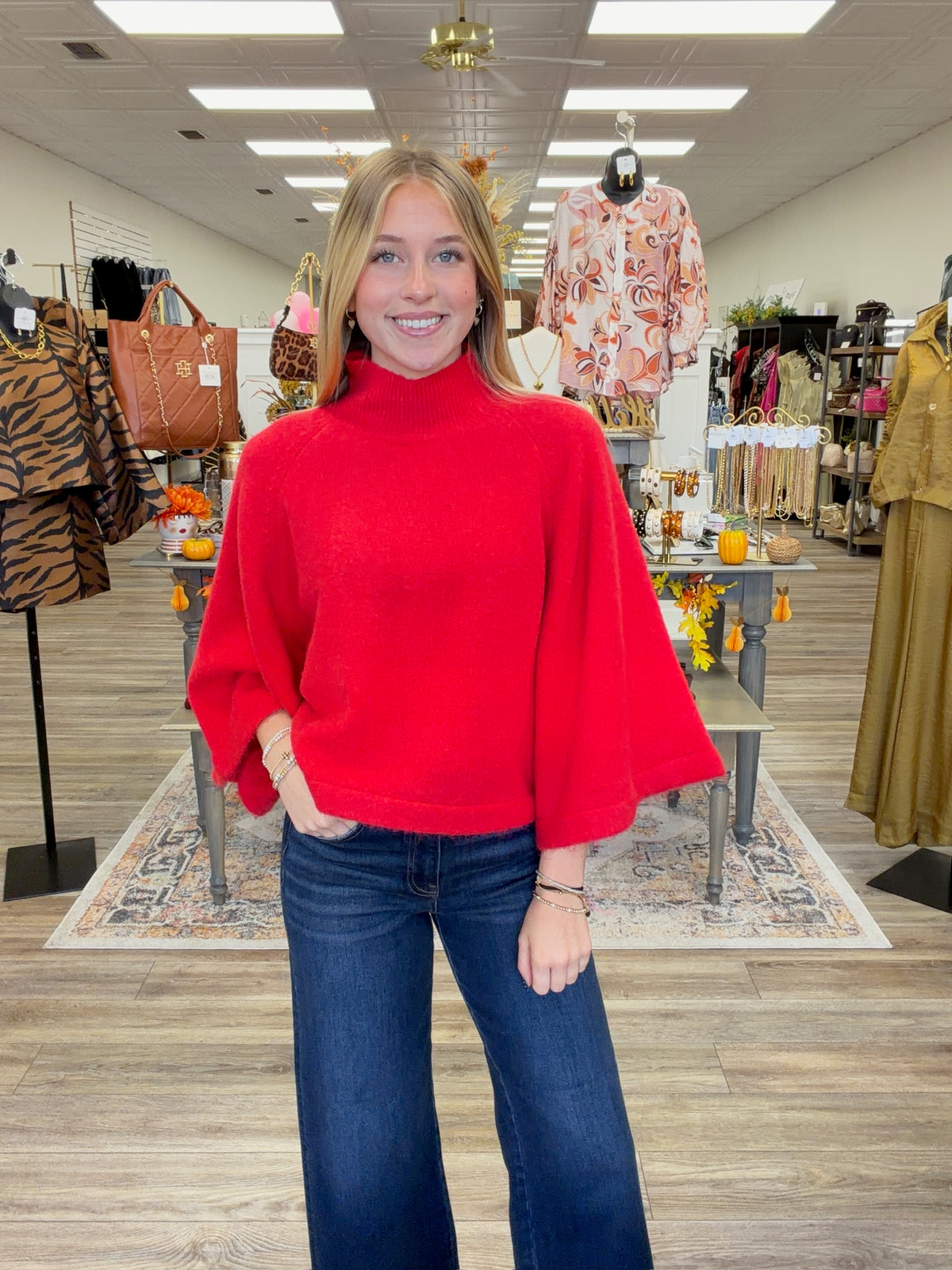 The Merry and Bright Sweater-Red Wide Sleeve Mock Neck Sweater