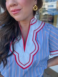 The Joni Top - Blue THML V neck Top Colorful Sleeve Outline