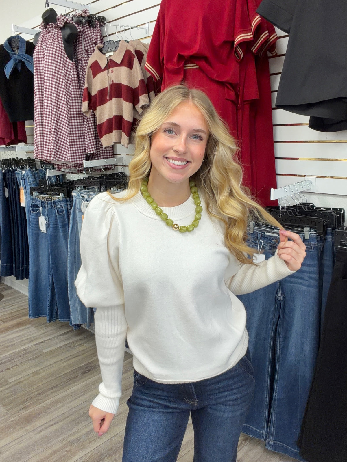 Pretty in ivory sweater -  ivory knit sweater featuring feminine puff sleeves, a classic round neckline, and a relaxed high-low hem.