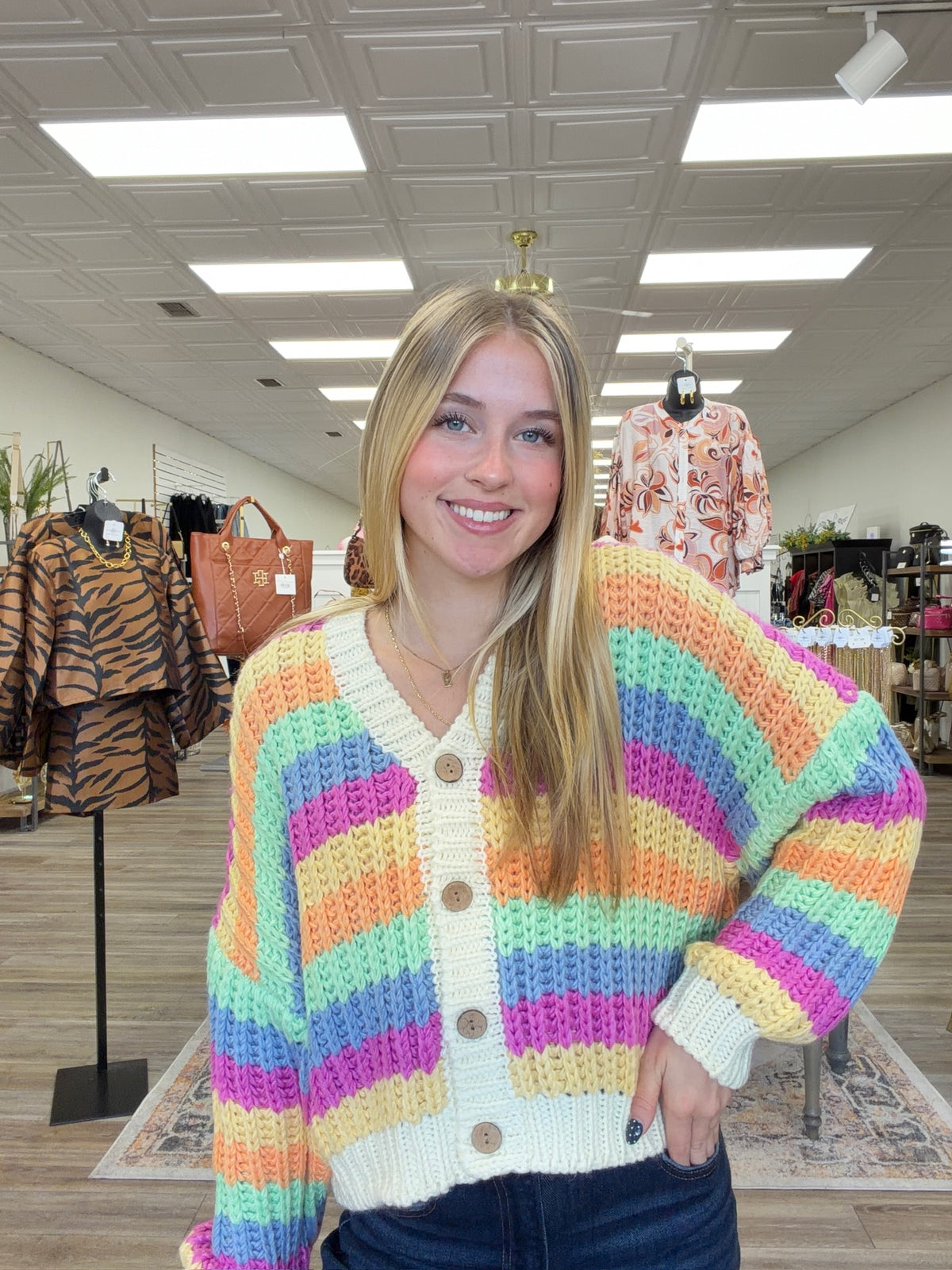 Esmeralda Rainbow Cardigan - Knit Button Down V Neck Slight Puff Sleeve Soft Fabric Cardigan