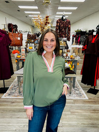 Olive grove blouse - olive green blouse features a flowy silhouette with a blush pink and ivory trimmed split neckline
