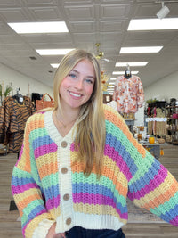Esmeralda Rainbow Cardigan - Knit Button Down V Neck Slight Puff Sleeve Soft Fabric Cardigan