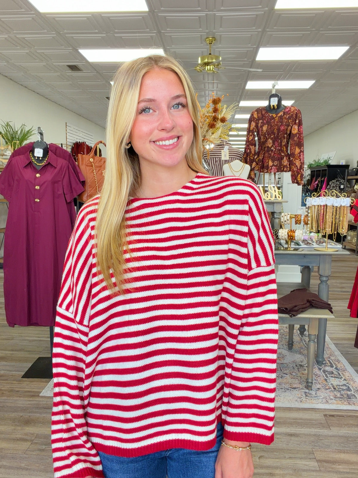 Meet me in stripes sweater - Cozy red and cream striped knit sweater featuring a relaxed fit, classic round neckline