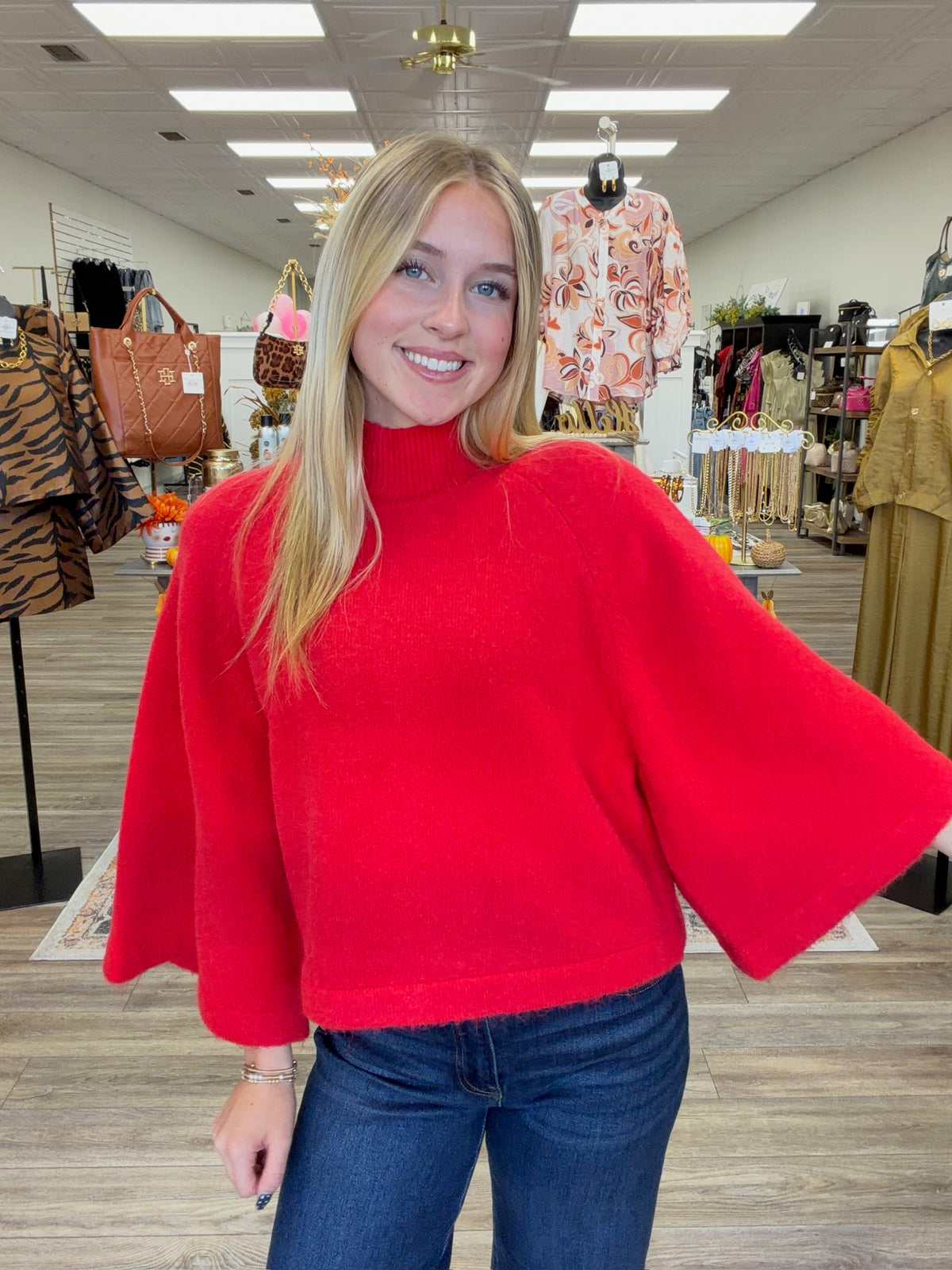 The Merry and Bright Sweater-Red Wide Sleeve Mock Neck Sweater