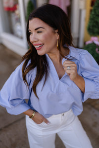 The Iris Top - Blue V Neck Collar Puff Sleeve- Entro