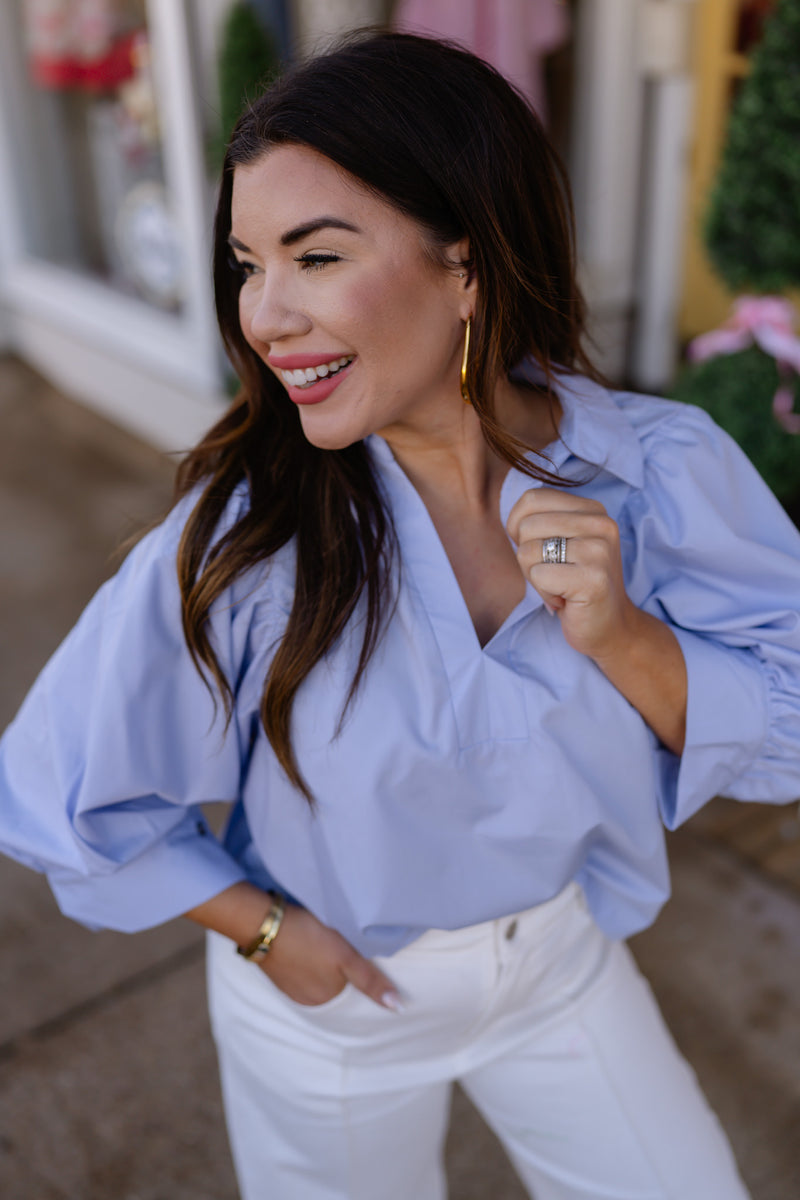 The Iris Top - Blue V Neck Collar Puff Sleeve- Entro – SoShee Boutique