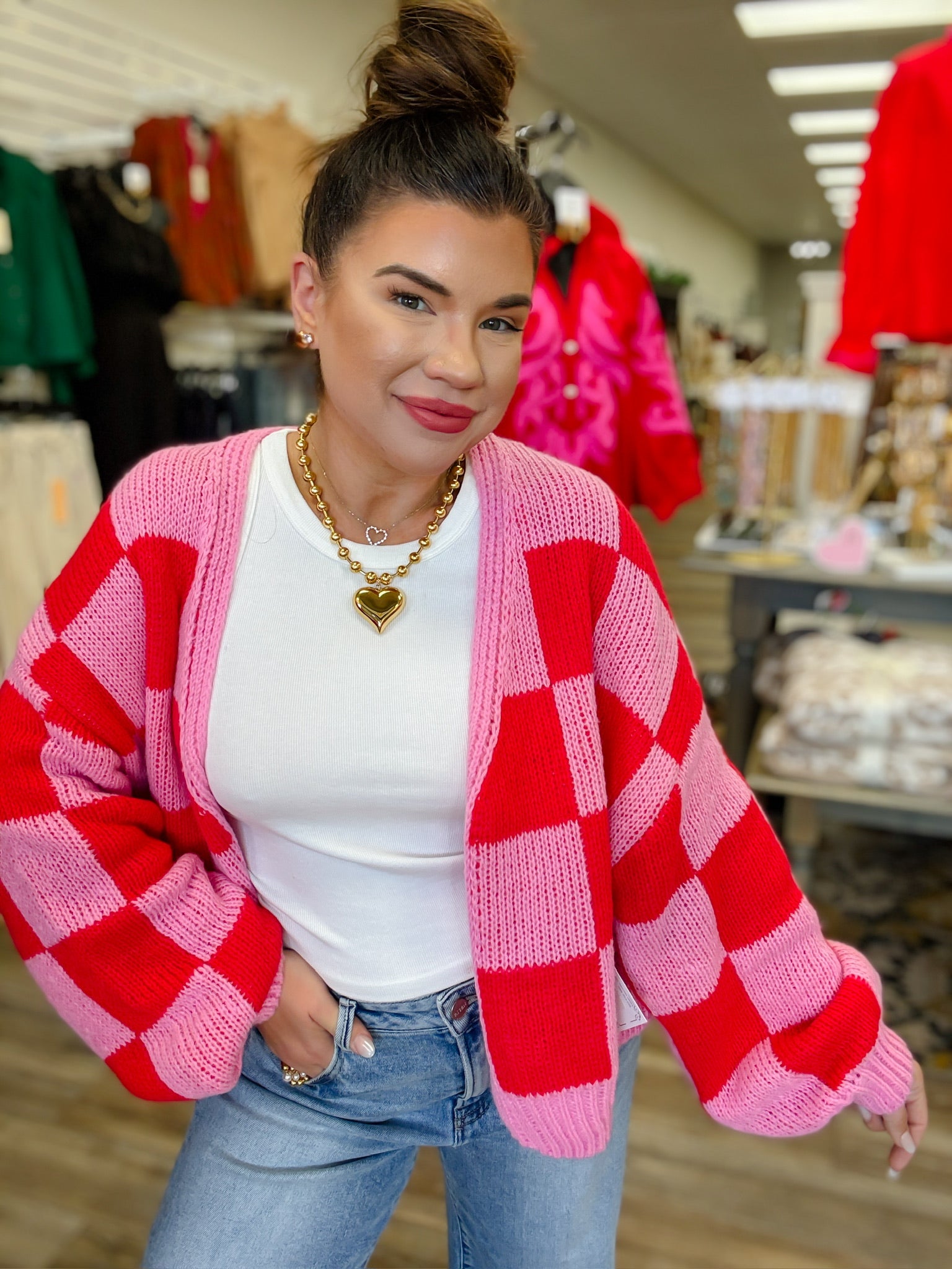 The Malia Cardigan - Pink & Red Checkerboard Knit Cardigan