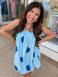 The Beverly Polka Dot Dress - Blue Elastic Neck Bubble Mini Dress - TCEC