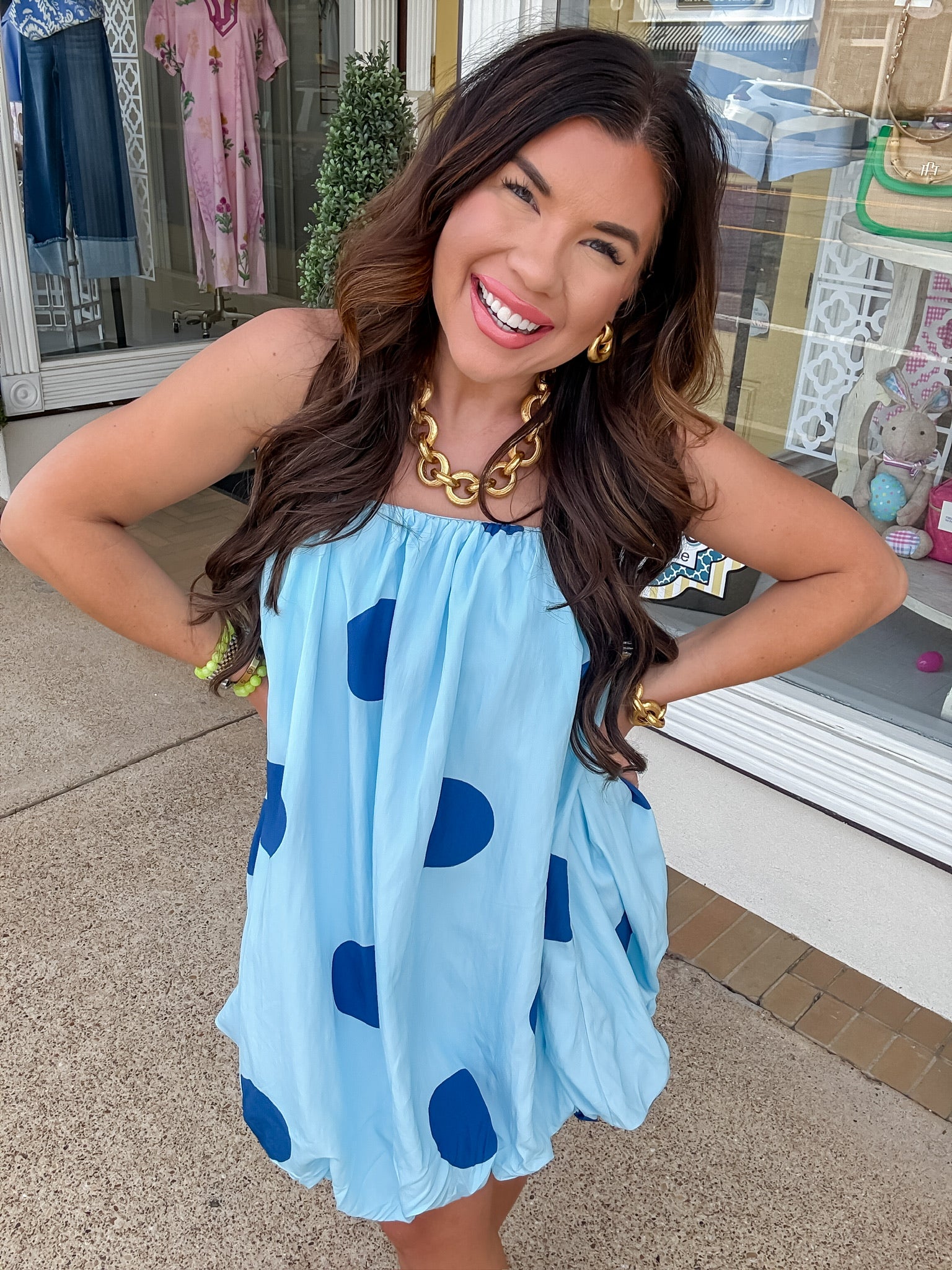 The Beverly Polka Dot Dress - Blue Elastic Neck Bubble Mini Dress - TCEC