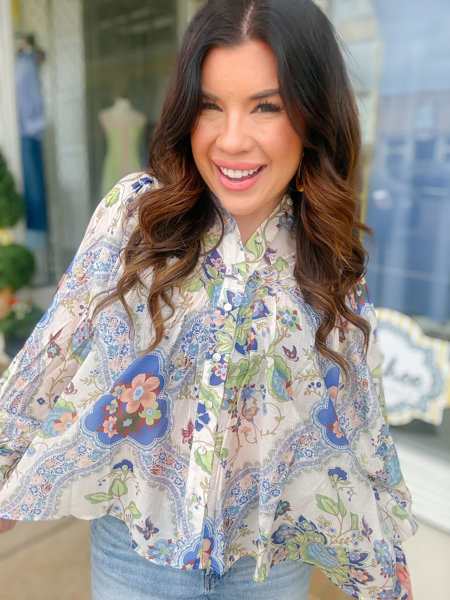 The Jerri top - Royal blue floral printed long sleeve button down top