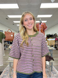 Sweet moss button knit - A soft knit short-sleeve cardigan with pink and olive green horizontal stripes, a crew neckline, and front button closure.