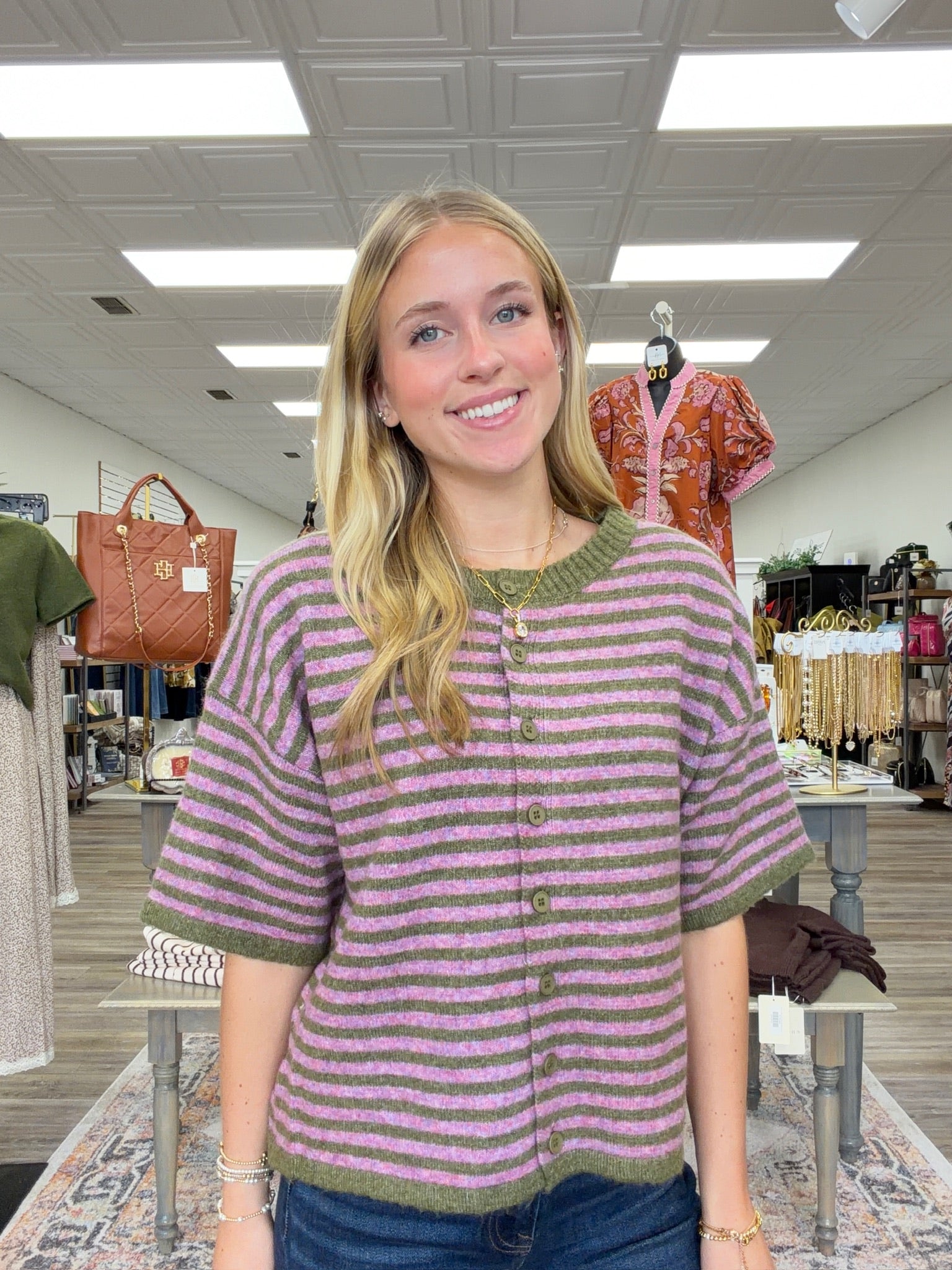 Sweet moss button knit - A soft knit short-sleeve cardigan with pink and olive green horizontal stripes, a crew neckline, and front button closure.