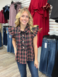 The Kristen Black Plaid Top - Collar detailing ruffle sleeve cz button