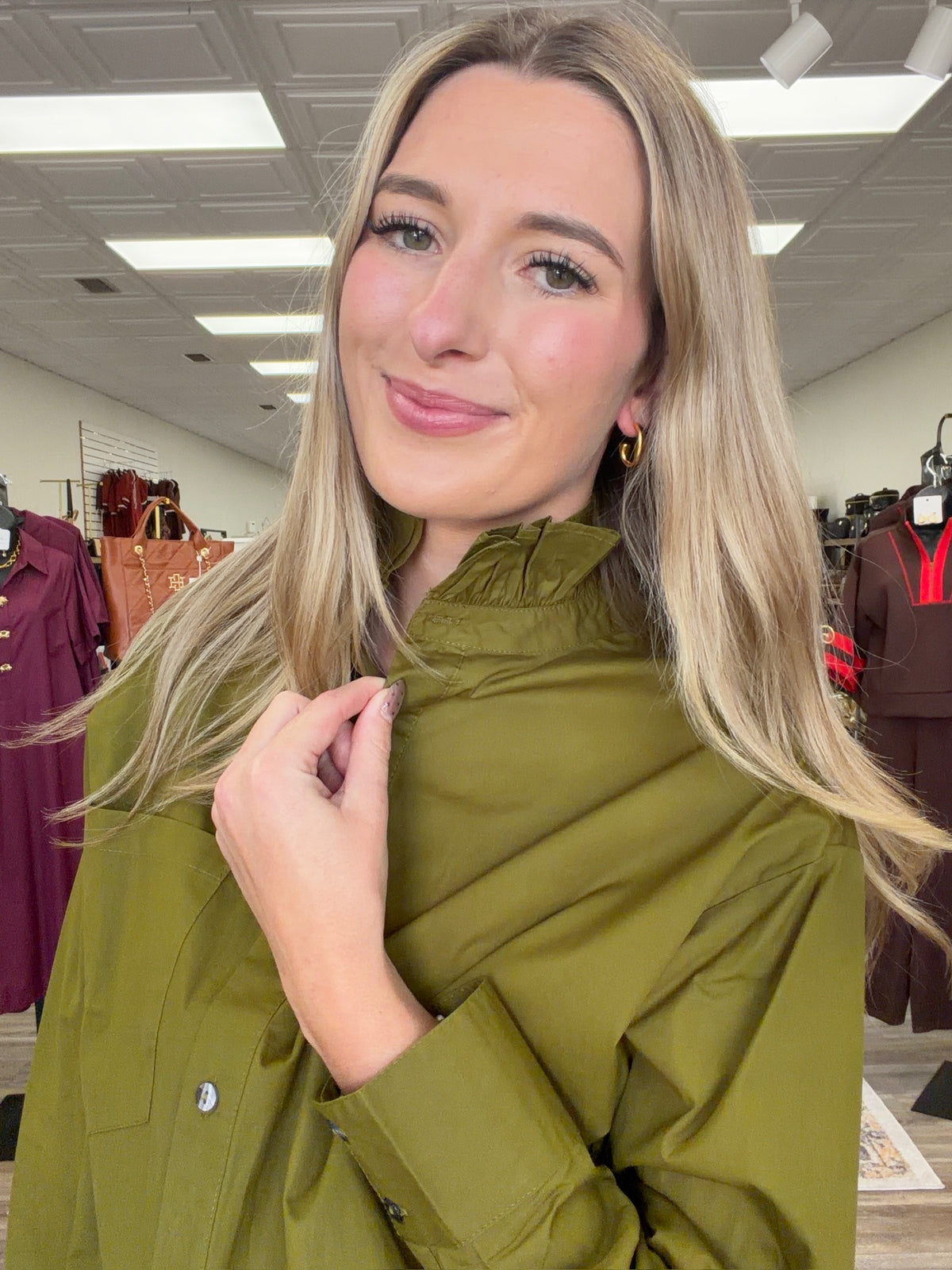 Evergreen Grace Blouse - Knit Button Down V Neck Slight Puff Sleeve Soft Fabric Cardigan