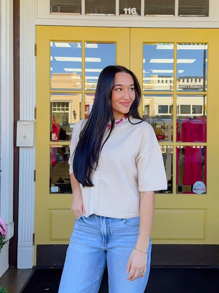 The Bethany Cardigan - Sand Short Sleeve Button Down Half Sleeve - Ee:some