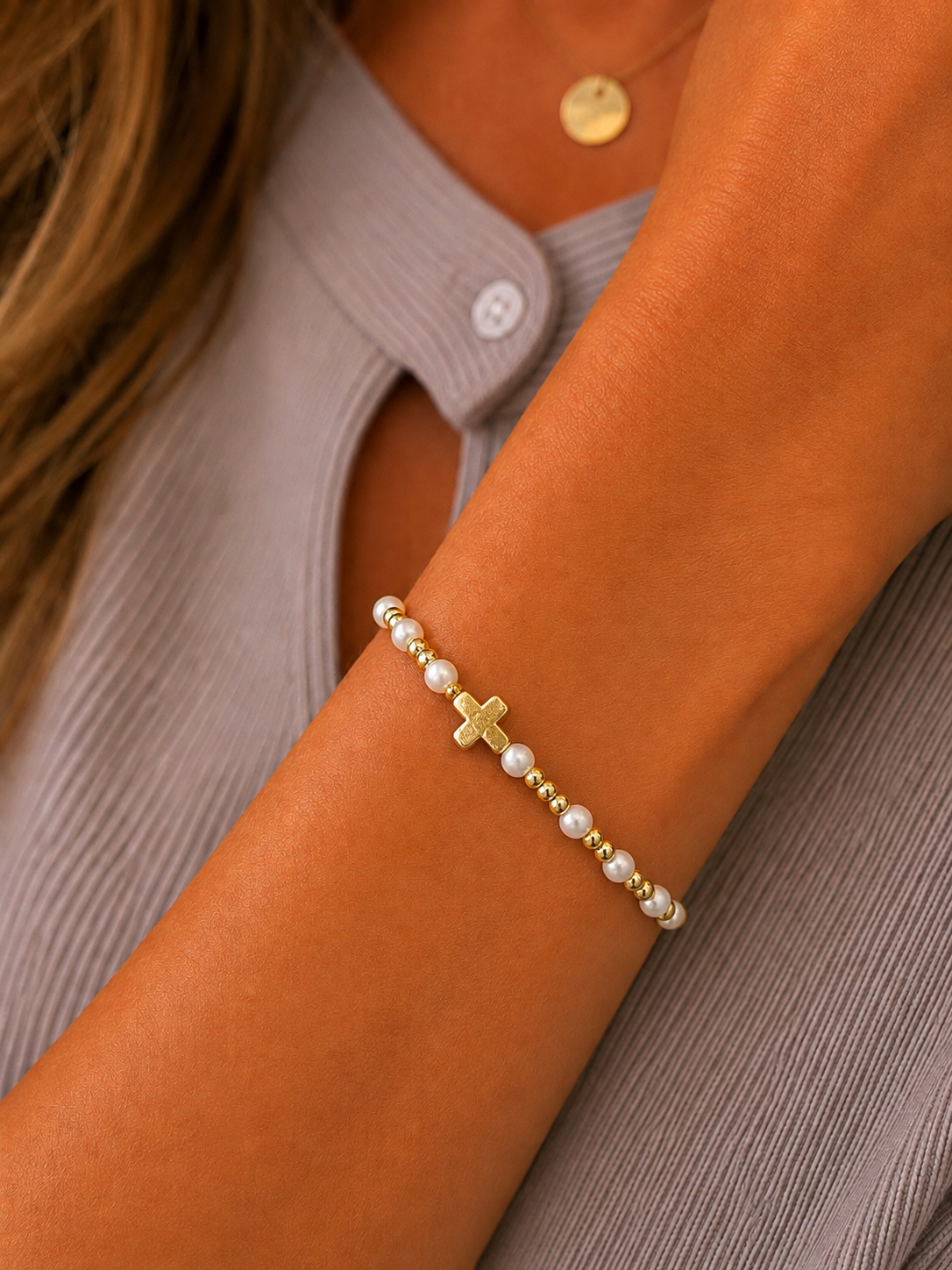 Stretch beaded gold stackable bracelet with cross and pearls accent – steel 18 karat gold overlay