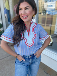 The Joni Top - Blue THML V neck Top Colorful Sleeve Outline