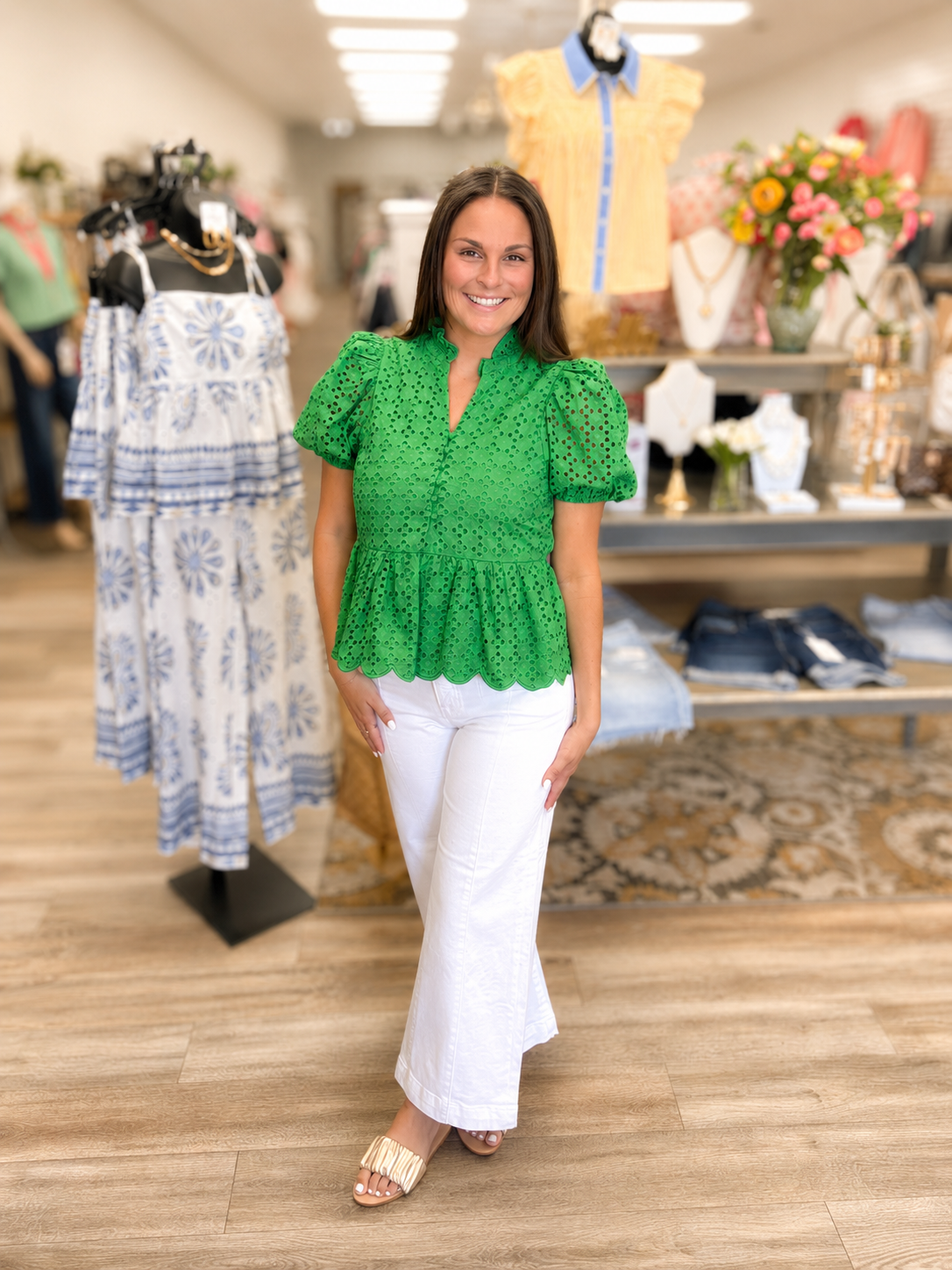 The Destiny Top - Green button up top with puff sleeves and ruffle bottom - Entro