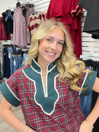 The Ellen Top - Plaid Detailing with a cap sleeve V-neck detailing