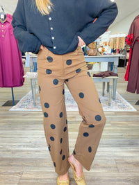 Cocoa Dot Pants- Mid rise, Barrel Wide Leg Polka Dot stretchy pants