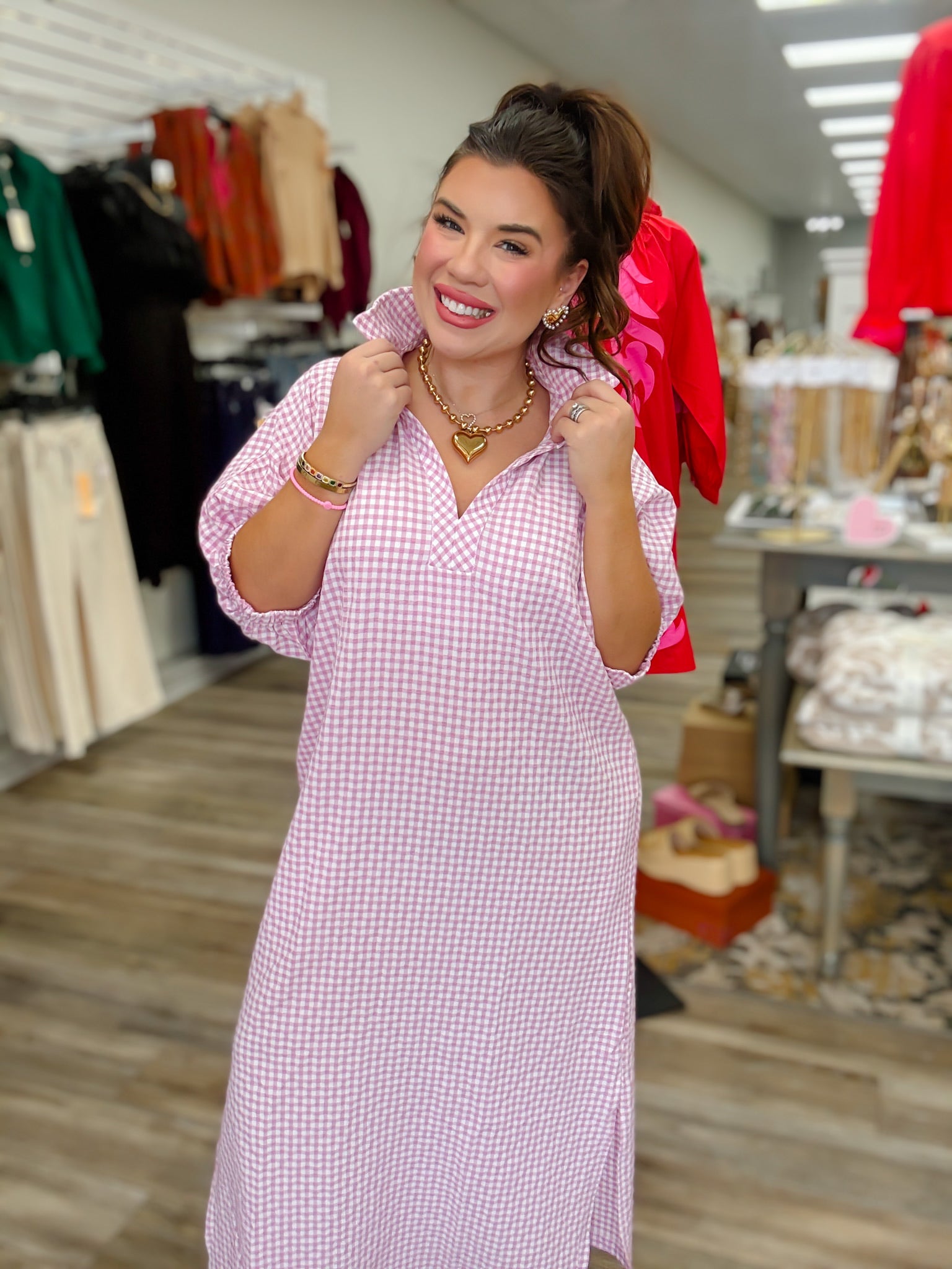 The Charlotte Gingham Dress - Pink Sihouette V Neck Collar - Entro