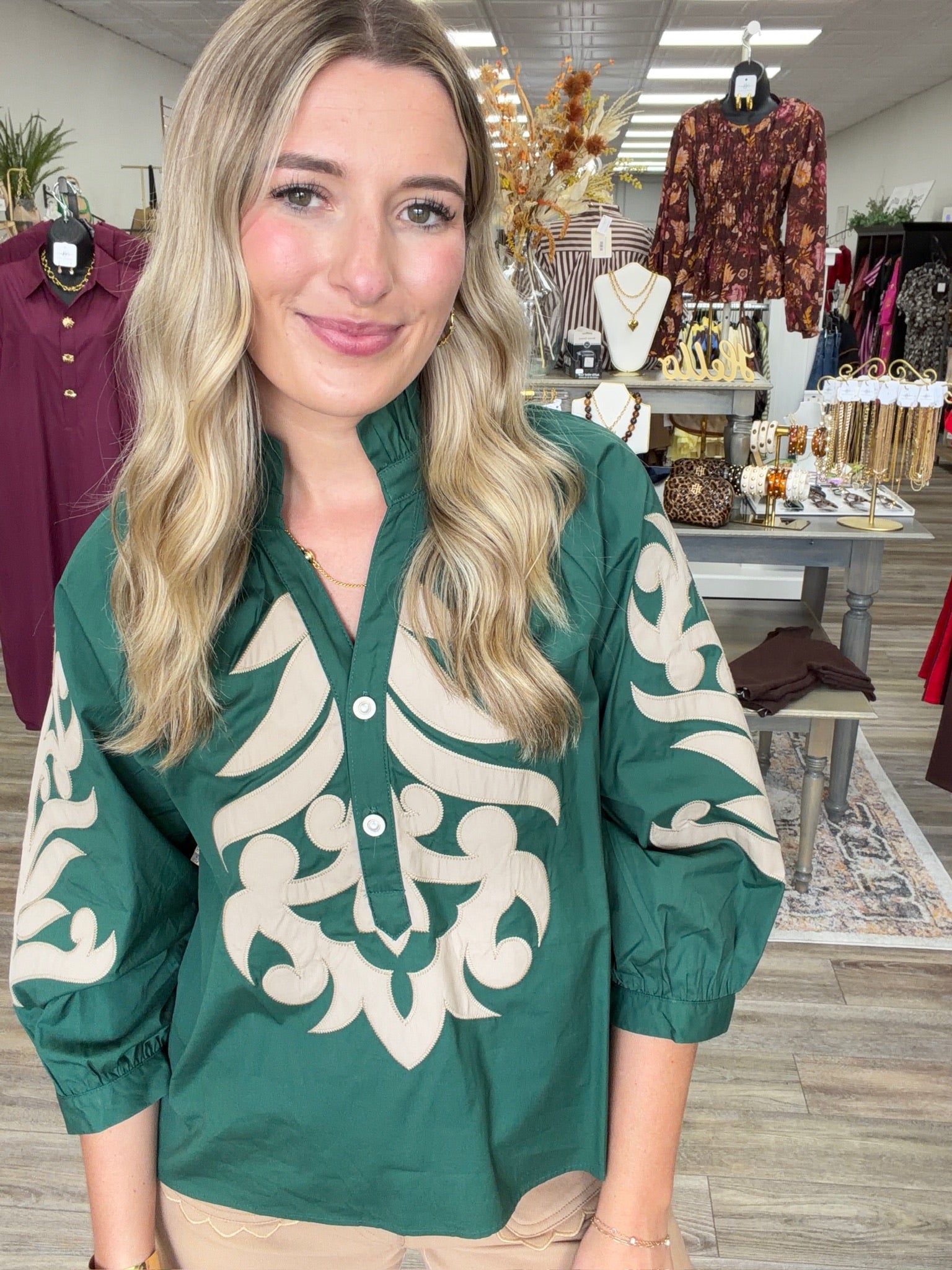 Emerald Heirloom Appliqué Ruffle Blouse