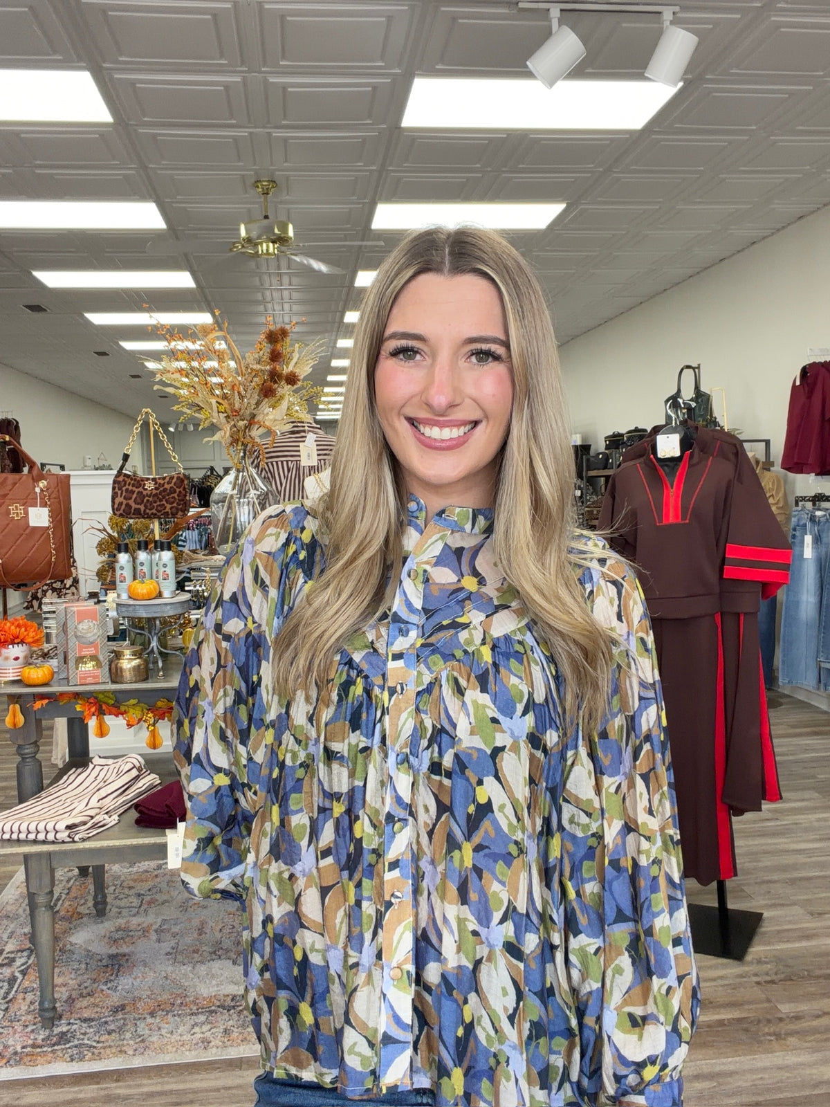 Bluebell Mosaic Button-Front Boho Blouse