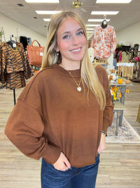 The Morgan sweater - brown knit sweater, exposed seam detailing, dropped shoulders, and ribbed trim at the neckline, cuffs, and hem