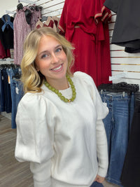 Pretty in ivory sweater -  ivory knit sweater featuring feminine puff sleeves, a classic round neckline, and a relaxed high-low hem.