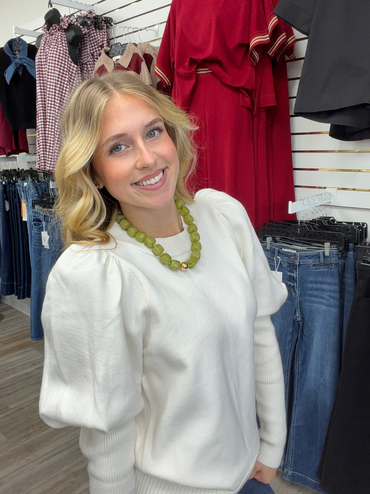 Pretty in ivory sweater -  ivory knit sweater featuring feminine puff sleeves, a classic round neckline, and a relaxed high-low hem.