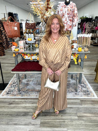 The Sienna Metallic Stripe Two Piece Set - Gold Taupe V Neck Long Sleeve Wrap Blouse