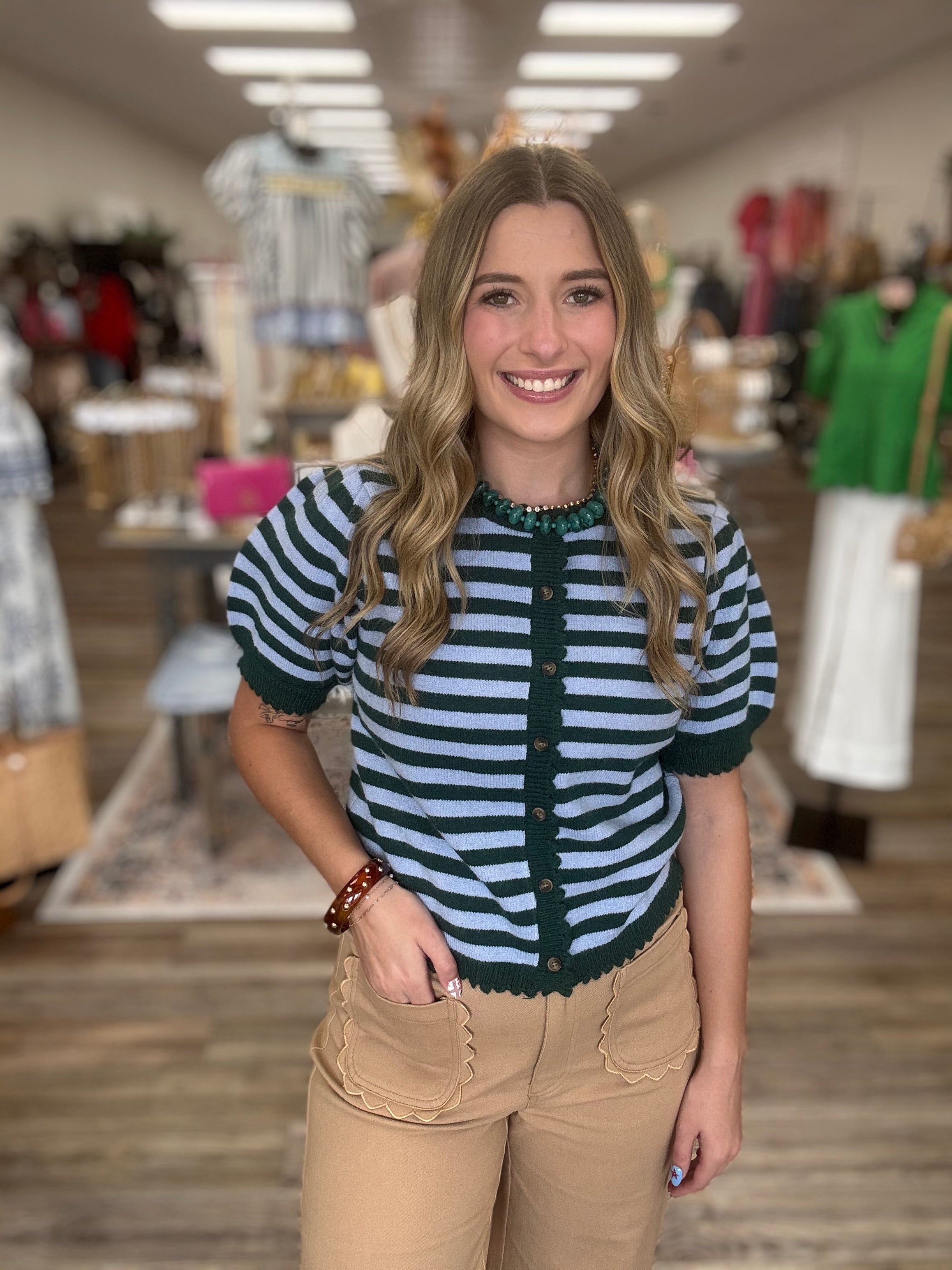 The Ivy sweater - knit sweater, green and light blue horizontal stripes, short sleeves with ribbed trim. Entro