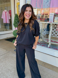 The Avery Set - Black Round Neck Bubble Top Long Pant - Entro