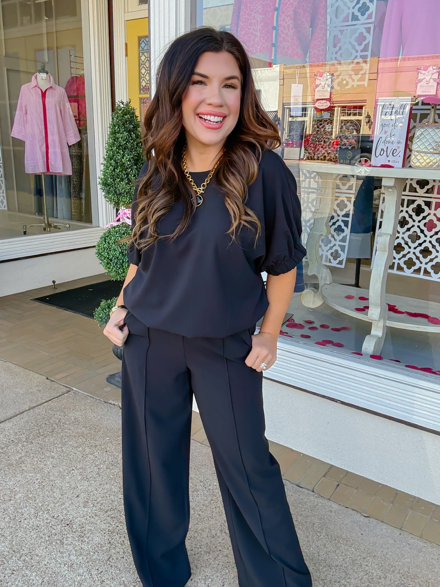 The Avery Set - Black Round Neck Bubble Top Long Pant - Entro
