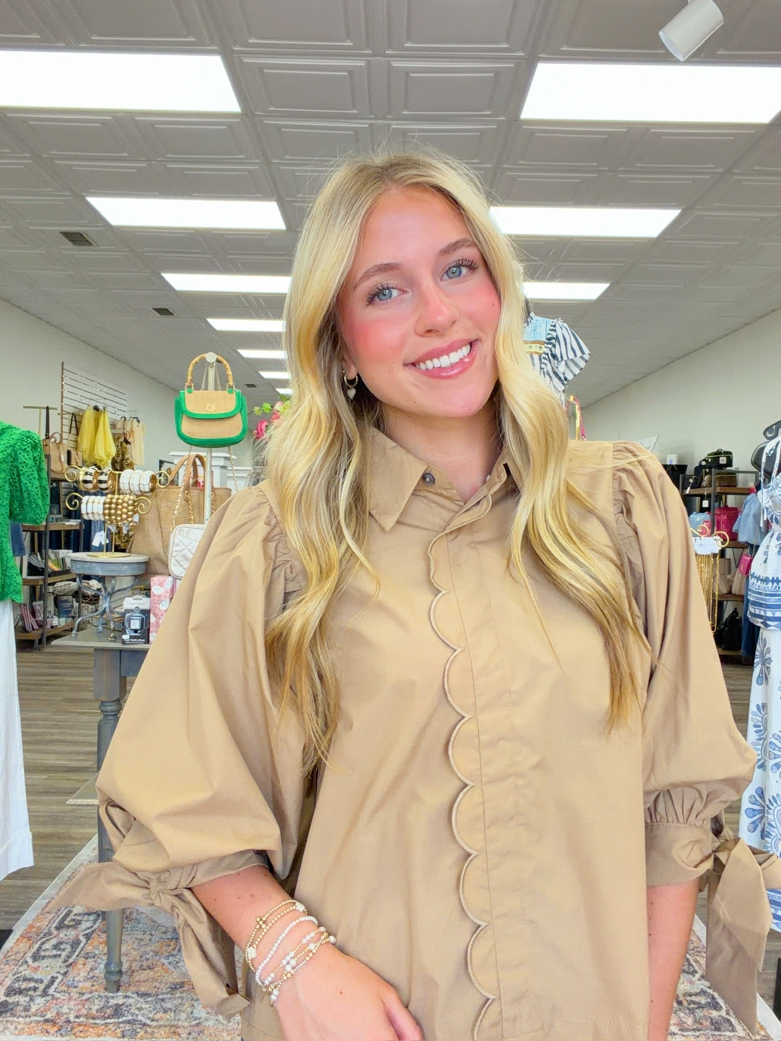 Timeless Elegance Scalloped Blouse – Puff Sleeve Button Front Top