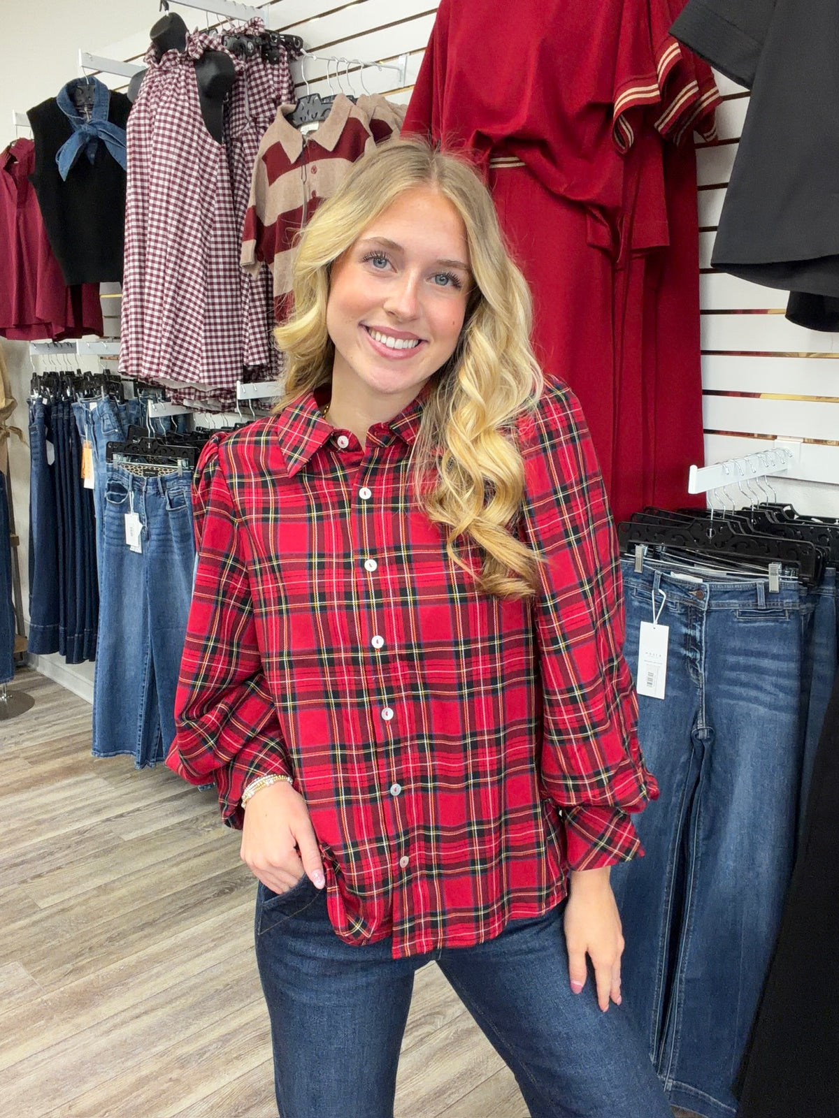 The Kelly Long Sleeve Top - Plaid Button Down Collar Detail