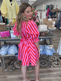The Scarlett Stripe Dress - Button Down Striped Detail Ruffle Collar - Entro